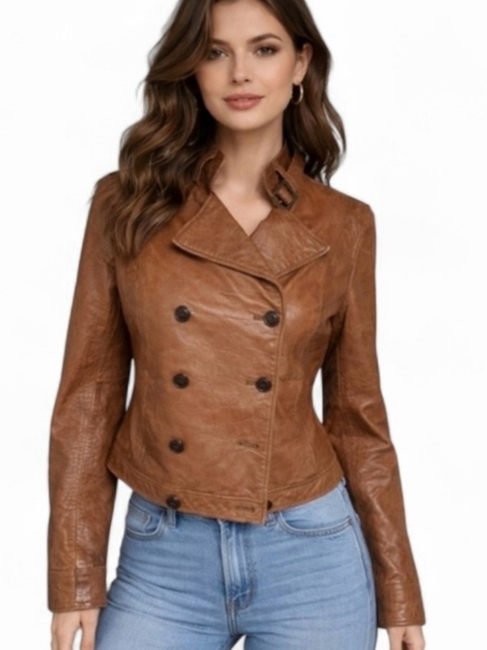 Old Navy Women's Cognac Double-Breasted Genuine Leather Moto Style Jacket